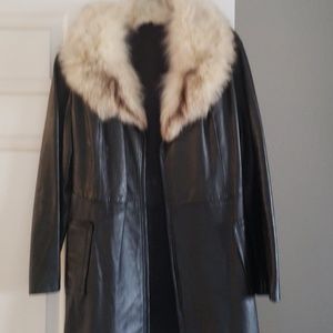 Black leather coat with fur lined neck